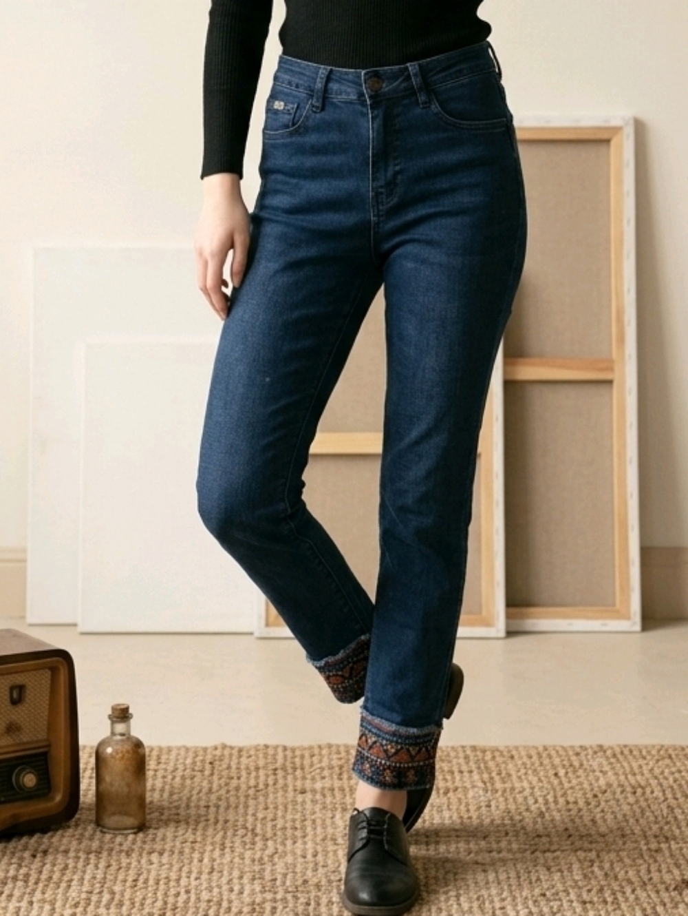 Dark Blue Men’s Jeans with Embroidered Hem